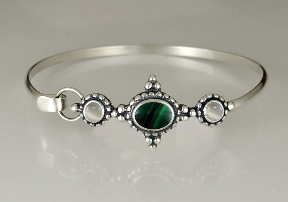 Sterling Silver Strap Latch Spring Hook Bangle Bracelet With Malachite And White Moonstone